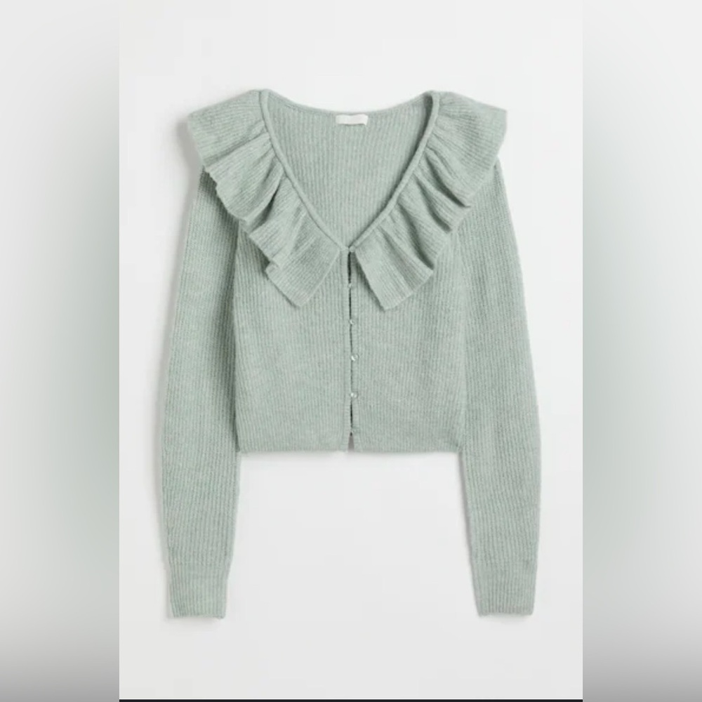 H&M Sage/Mint Green Cardigan Ruffle Sweater